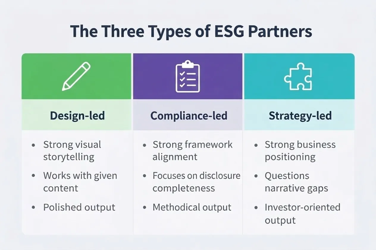 Three types of ESG reporting partners infographic – design-led, compliance-led and strategy-led comparison for choosing the right ESG partner – Bevolve ESG blog