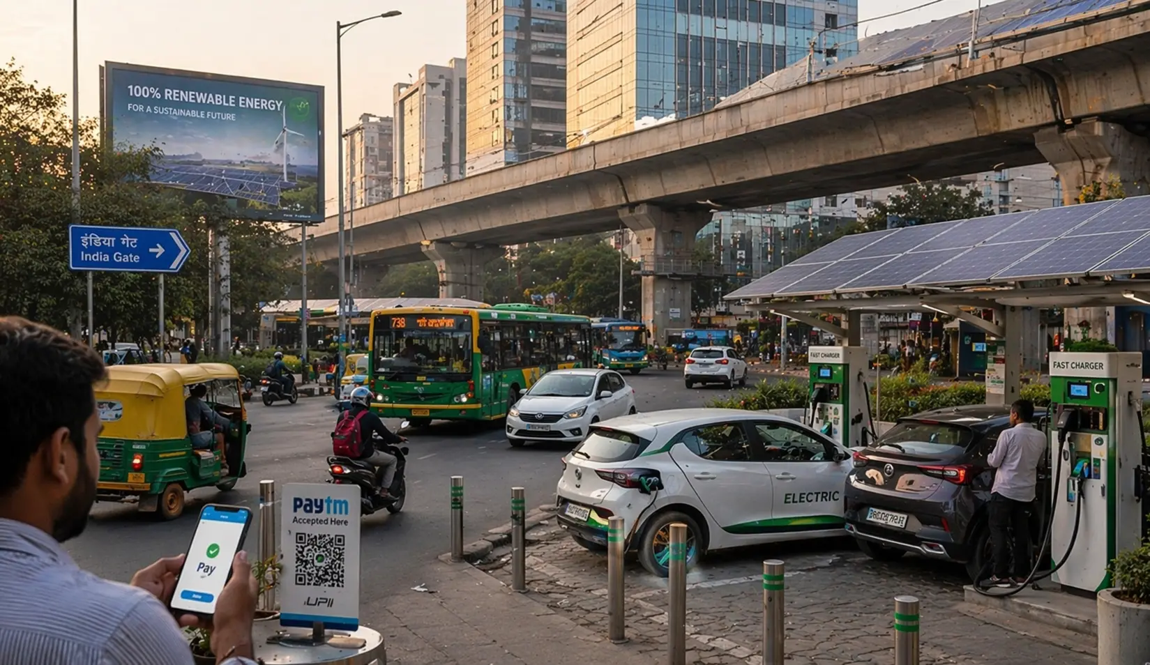 Electric vehicle charging station in India with renewable energy billboard – sustainable infrastructure for Indian businesses
