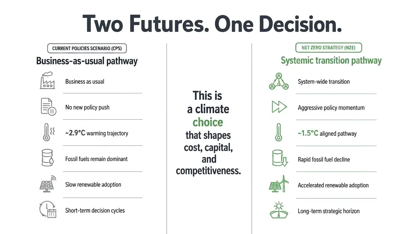 Two Futures One Decision infographic comparing business-as-usual 2.9°C pathway versus net zero strategy 1.5°C aligned pathway for Indian businesses – Bevolve ESG blog