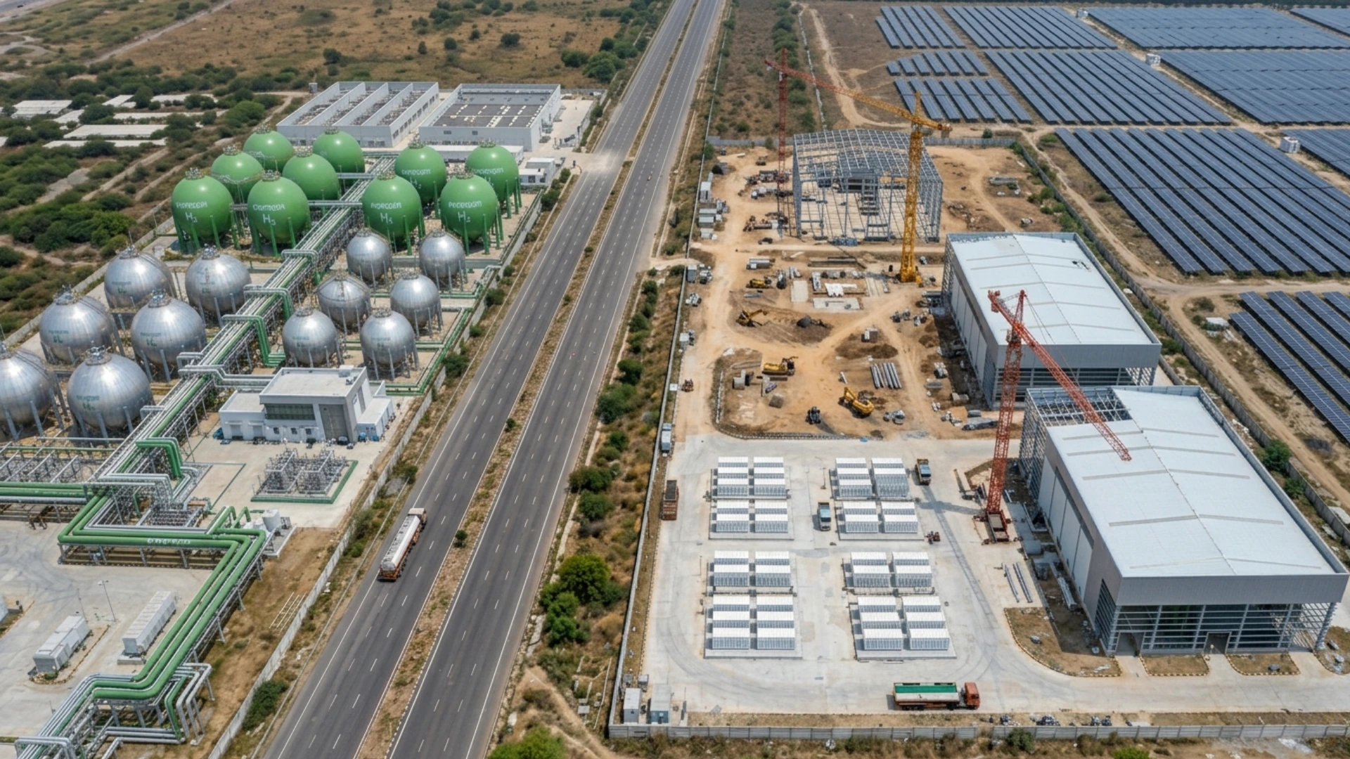 Aerial view of green energy industrial facility with biogas storage tanks and solar panels representing net zero capital allocation in India – Bevolve ESG blog