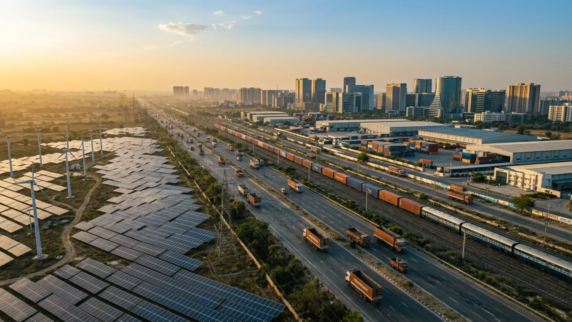 Aerial view of Indian city with solar panels and freight transport – net zero sustainability reporting and capital allocation